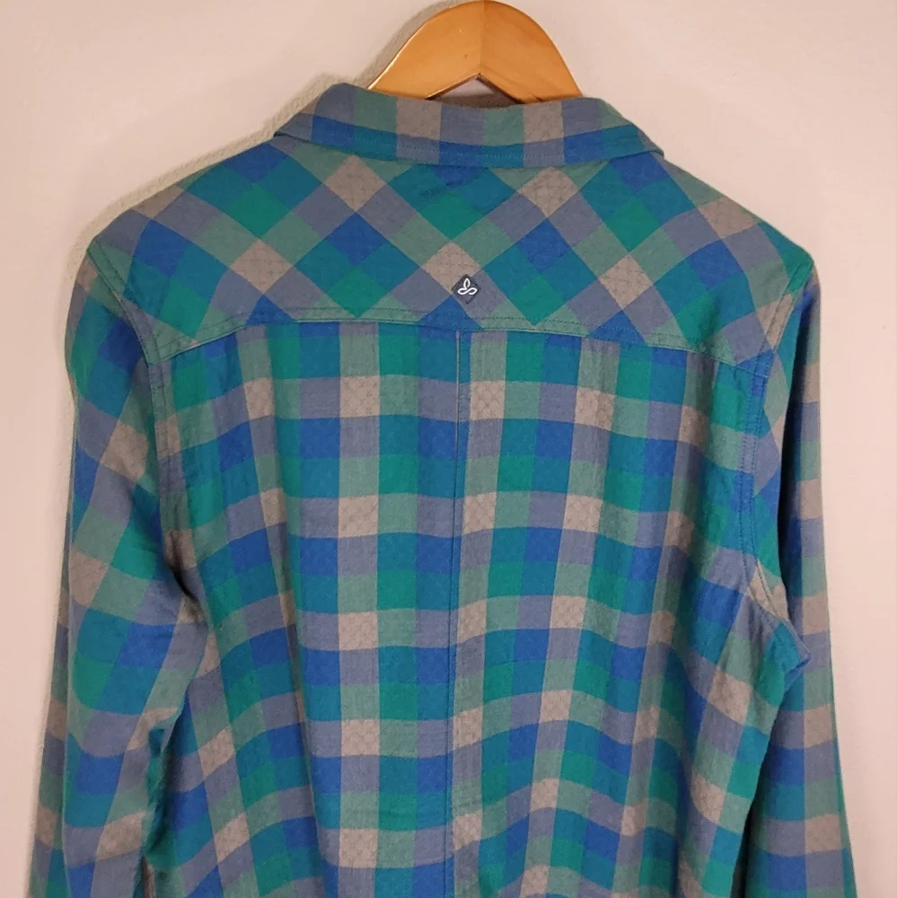 XL Prana Plaid Shacket 100% Organic Cotton Waffle Knit Lining Teal Green & Blue - Picture 14 of 16